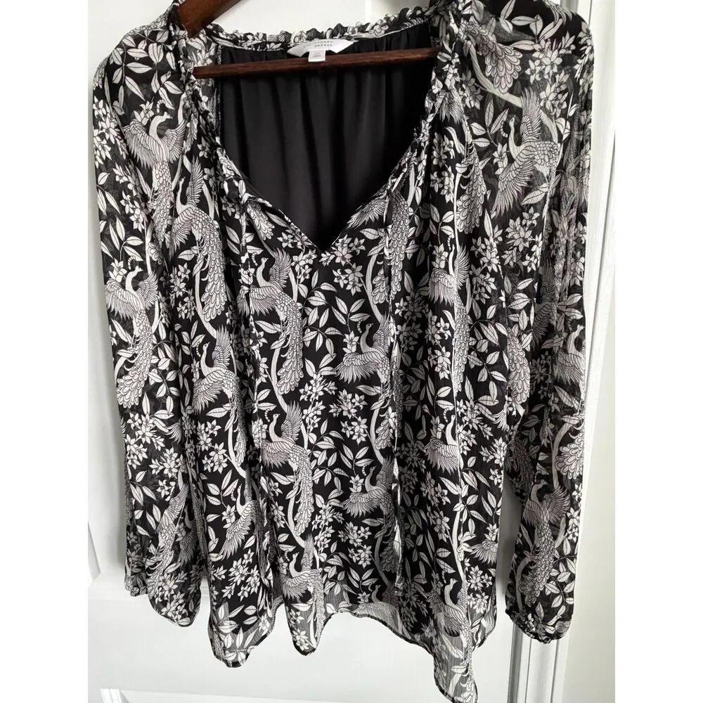 LC Lauren Conrad Black White Bird Print Sheer Peasant Blouse Size M - Picture 4 of 10